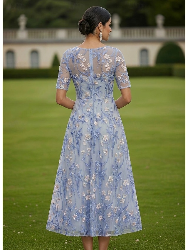 A-Line Dress Tea Length Lace Dress Cocktail Dress Mother of the Bride Dress Short Sleeve Half Sleeve Boat Neck Elegant Vintage Luxurious Wedding Guest Semi Formal Lace with Embroidery Flower - Sky Blue