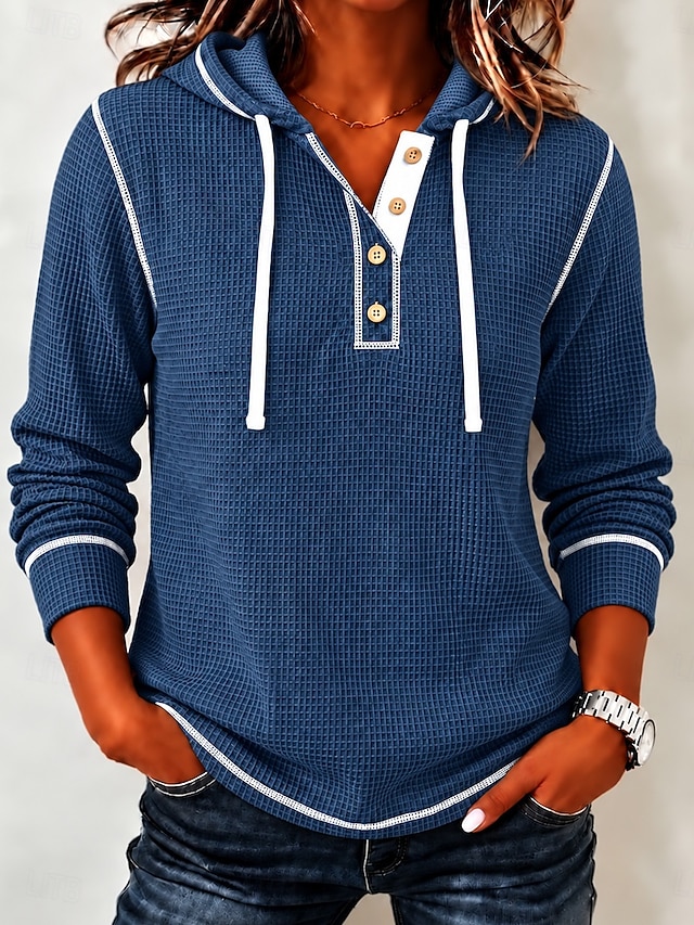 Women's Waffle Polo Shirts Hoodies Patchwork Active Vacation Vintage Long Sleeve Hooded Regular Tops Casual Daily Holiday Blue Black Spring Fall Winter - Blue