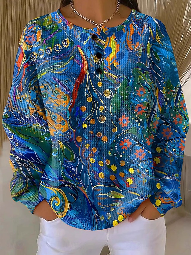 Women's Pullover Sweatshirt Buttons Print Floral Graphic Geometric Vintage Casual Long Sleeve Crew Neck Regular Tops Casual Street Dailywear Blue Light Blue White Orange Spring Fall Winter - Blue
