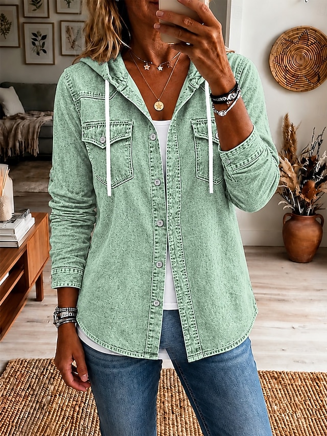 Women's Denim Hoodie Plain Vintage Fashion Classic Long Sleeve Hooded Regular Tops Casual Blue Red Green Summer Spring Fall Winter - Green