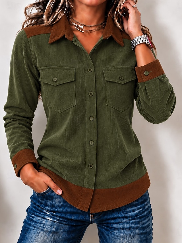 Women's 100% Cotton Corduroy Shirt Color Block Plain Vintage Fashion Stylish Long Sleeve Regular Tops Casual Beach Red Green Grey Spring Fall Winter - Green