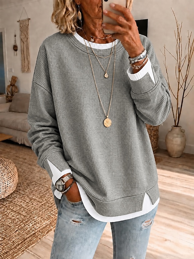 Women's Waffle Hoodies Textured Pullover Sweatshirt Pullover Patchwork Casual Long Sleeve Crew Neck Round Neck Long Tops Casual Black Khaki Grey Summer Spring Fall - Grey