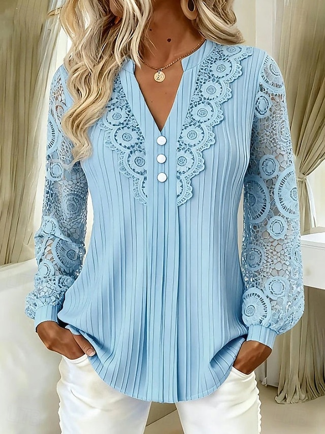 Women's Shirt Eyelet Top Boho Shirt Lace Shirt Lace Solid Color Plain Elegant Bohemia Active Long Sleeve Long Tops Casual Blue Black Brown Green Beige Summer Spring Fall - Blue