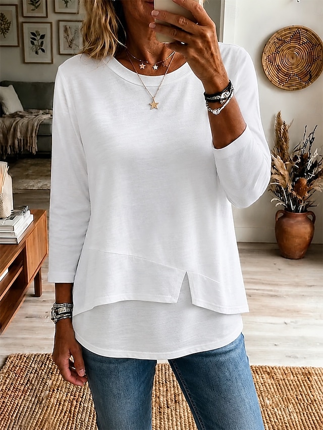 Women's 100% Cotton T Shirt Solid Color Stylish Casual 3/4 Length Sleeve Round Neck Regular Tops Casual Daily Blue White Black Pink Wine Summer Spring Fall - White