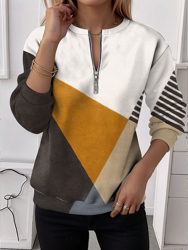 Women's Zip Up Sweatshirts Zipper Print Graphic Geometric Abstract Fashion Casual Long Sleeve Round Neck Half Zip Regular Tops Casual Street Dailywear Yellow Red Green Spring Fall - Yellow