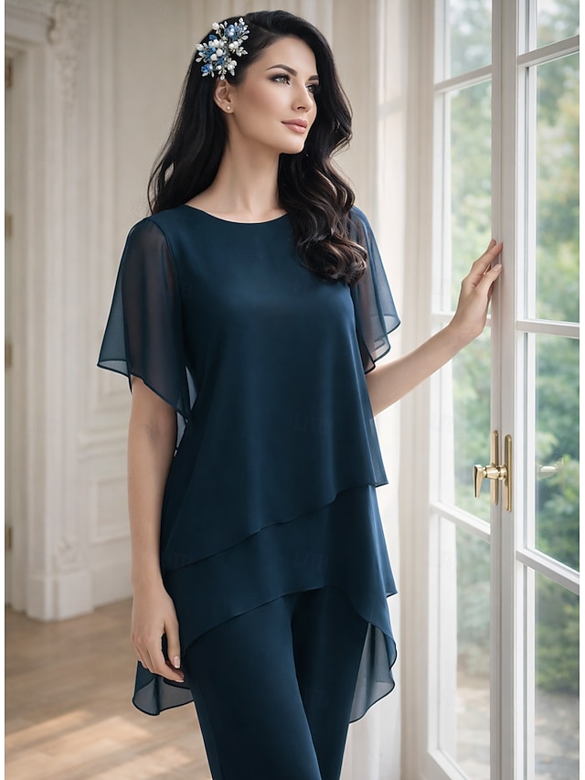 Pantsuit Asymmetrical Mother of the Bride Dress Short Sleeve Shirt Collar Elegant Formal Wedding Guest Formal Evening Chiffon with Solid Color - Navy Blue