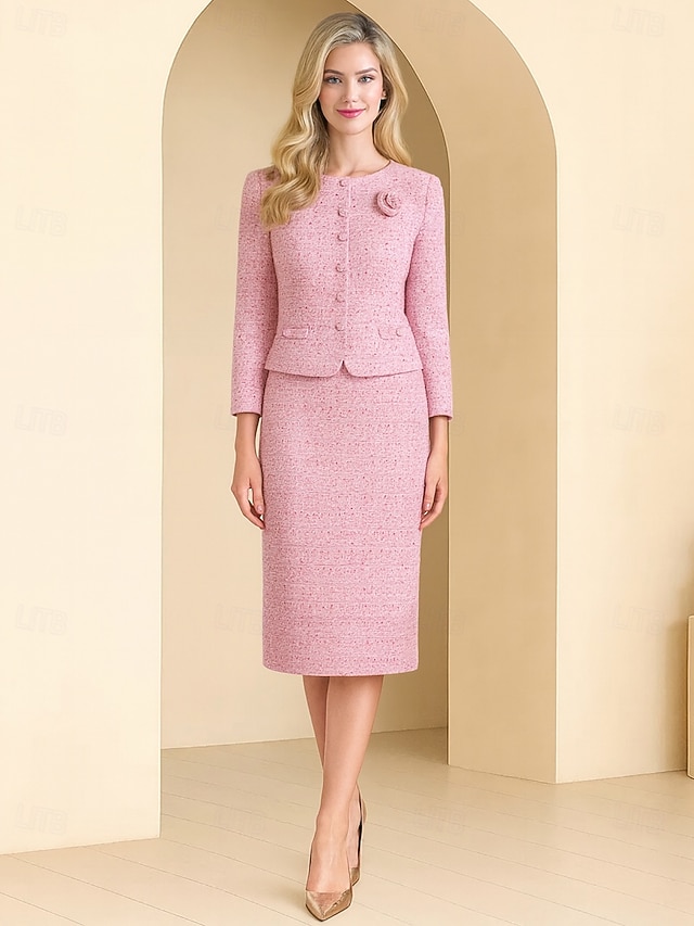 Sheath Column Ankle Length Party Dress Cocktail Dress Wedding Guest Dress Mother of the Bride Dress Long Sleeve Crew Neck Elegant Vintage Party with Buttons - Pink