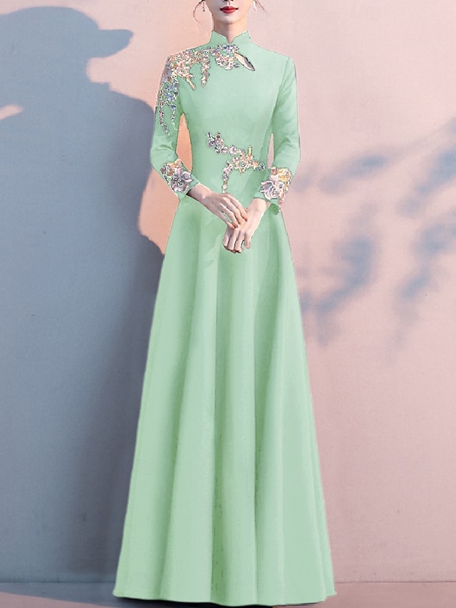 A-Line Mother of the Bride Dress Elegant Simple High Neck Floor Length Stretch Fabric Long Sleeve with Pleats Appliques free custom size - Sky Blue