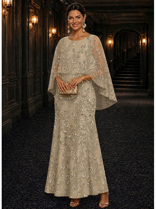 A-Line Dress Floor Length Ankle Length Cocktail Dress Mother of the Bride Dress Long Sleeve Scoop Neck Elegant Luxurious Sparkle & Shine Formal Wedding Guest Semi Formal Lace with Beading Sequin - Champagne