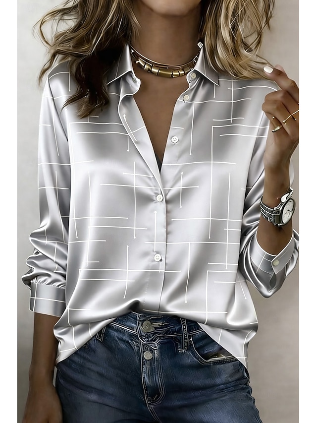 Women's Satin Shirt Satin Top Print Geometric Vacation Fashion Daily Long Sleeve Shirt Collar Regular Tops Daily Holiday Going out Blue Silver Pink Summer Spring Fall - Silver