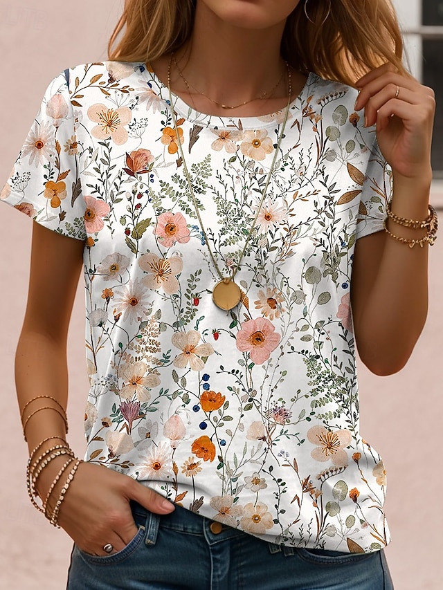 Women's T Shirt Print Floral Casual Short Sleeve Round Neck Regular Tops Daily White Yellow Pink Purple Green Summer - Yellow