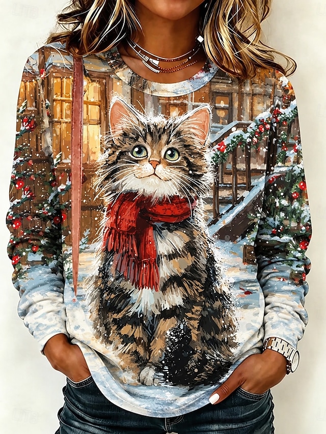 Christmas Women's T Shirt Print Graphic Santa Claus Vintage Fashion Stylish Long Sleeve Crew Neck Regular Tops Casual Daily Weekend Khaki Black Red Beige Spring Fall Winter - Khaki