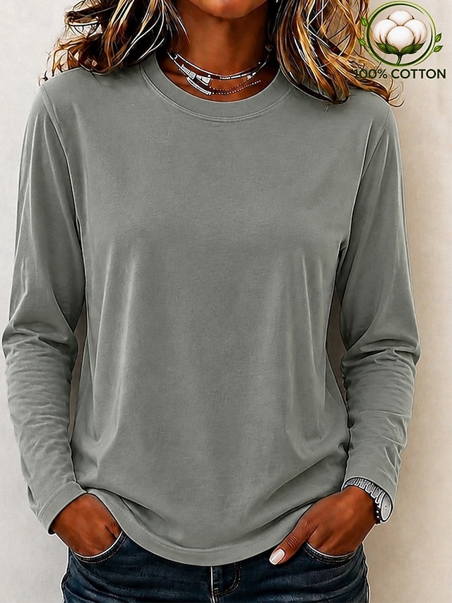 Women's 100% Cotton T-Shirts - Quality Heavy Long Sleeve Crew Neck Tee - Grass Green
