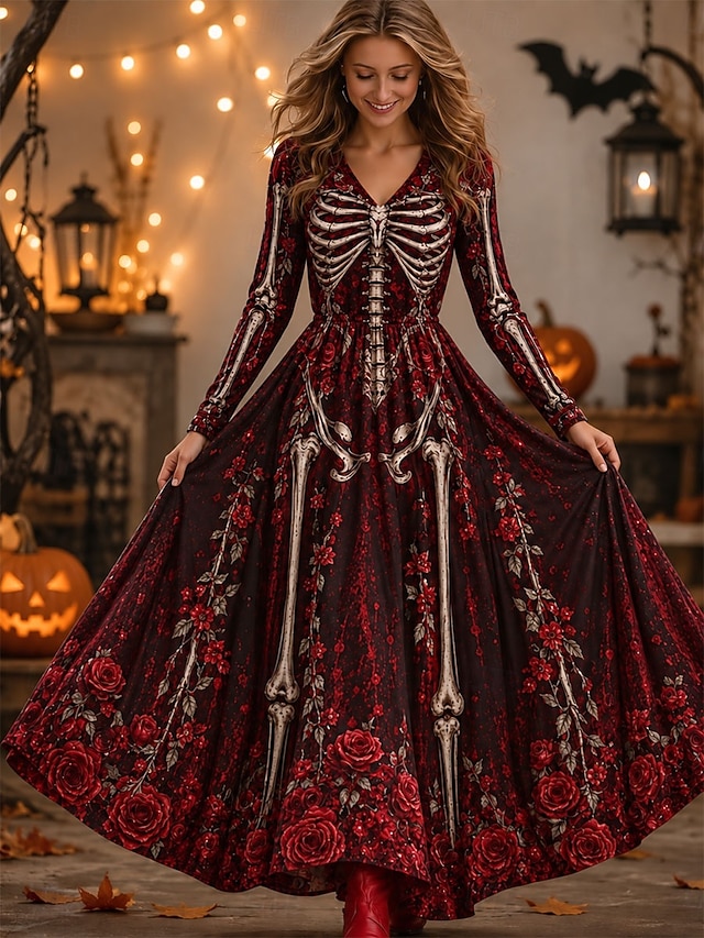 Halloween Women's Floor length A Line Dress Elegant Vintage Designer Party Ombre Graphic Long Sleeve V Neck White Black Red Fall Winter - Red
