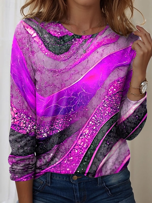 Women's T shirt Long Sleeve Crew Neck Long Sleeve Tunic Ombre Graphic Texture Vintage Stylish Modern Round Neck Regular Tops Daily Print Blue Purple Orange Green Fall Prefall - Purple