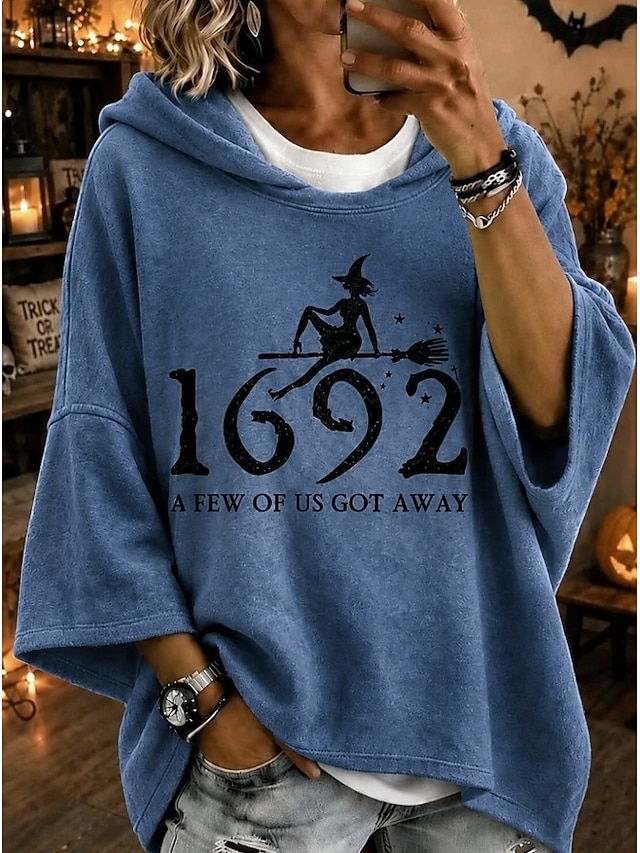Halloween Women's Pullover Hoodie Sweatshirt Print Graphic Casual 3/4 Length Sleeve Hooded Long Tops Casual Street Dailywear Blue Black Pink Orange Grey Fall Winter - Blue