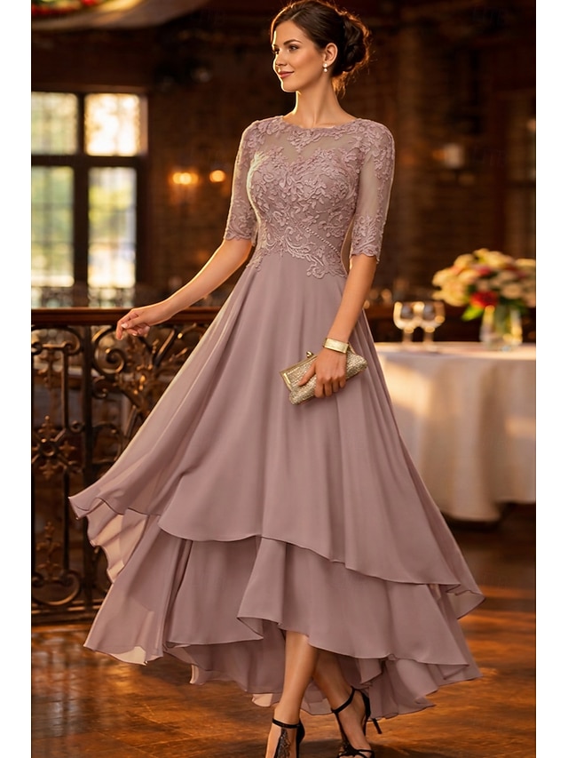 A-Line Asymmetrical Party Dress Cocktail Dress Wedding Guest Dress Mother of the Bride Dress Half Sleeve Crew Neck Elegant Simple Formal Wedding Guest Formal Evening with Lace Solid Color - Dusty Rose