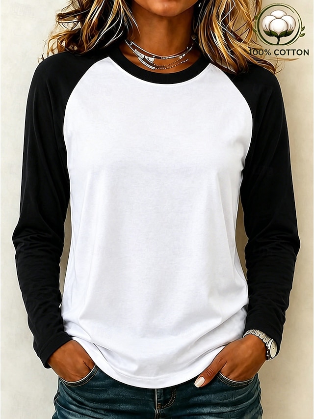 Women's Shirt 100% Cotton Stylish Casual Beach Long Sleeve Crew Neck Regular Tops Casual Blue Black Brown Green Spring Fall Winter - Black