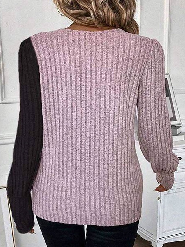 Women's Blouse Knit Shirts Patchwork Buttons Geometric Color Block Tropical Stylish Casual Long Sleeve Crew Neck Regular Tops Daily Pink Sky Blue Gray Spring Fall Winter - Pink