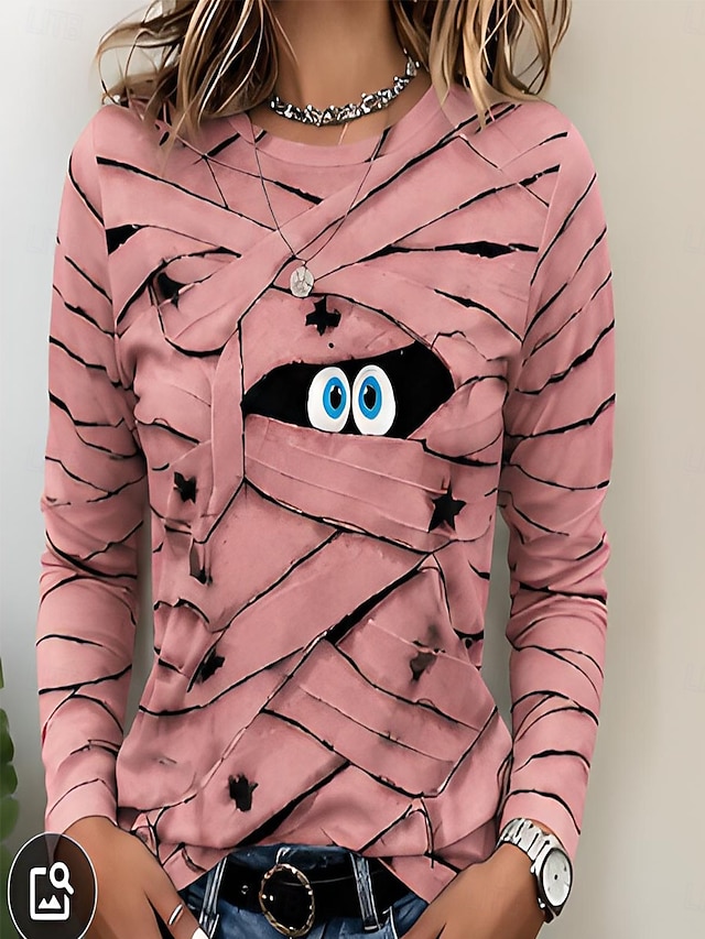 Halloween Women's T Shirt Print Graphic Geometric Witch Vintage Fashion Stylish Long Sleeve Crew Neck Round Neck Long Tops Casual Daily White Black Pink Orange Summer Spring Fall Winter - Pink