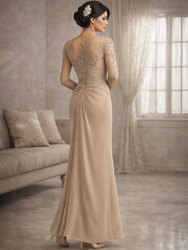 Sheath Column Floor Length Wedding Guest Dress Formal Dresses Evening Gown Mother of the Bride Dress Half Sleeve V Neck Plus Size Sexy See Through Wedding Guest Chiffon Lace with Lace - Champagne
