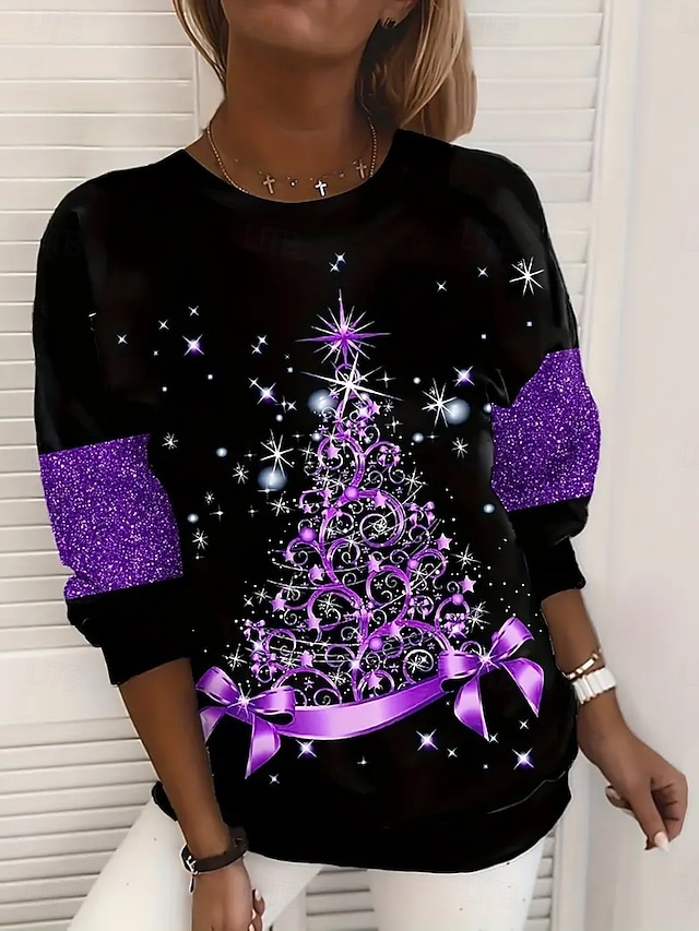 Christmas Women's Pullover Sweatshirt Hoodies Graphic Tree Fashion Casual Long Sleeve Crew Neck Regular Tops Street Dailywear Print Pink Blue Purple Gold Green Spring Fall Winter - Purple