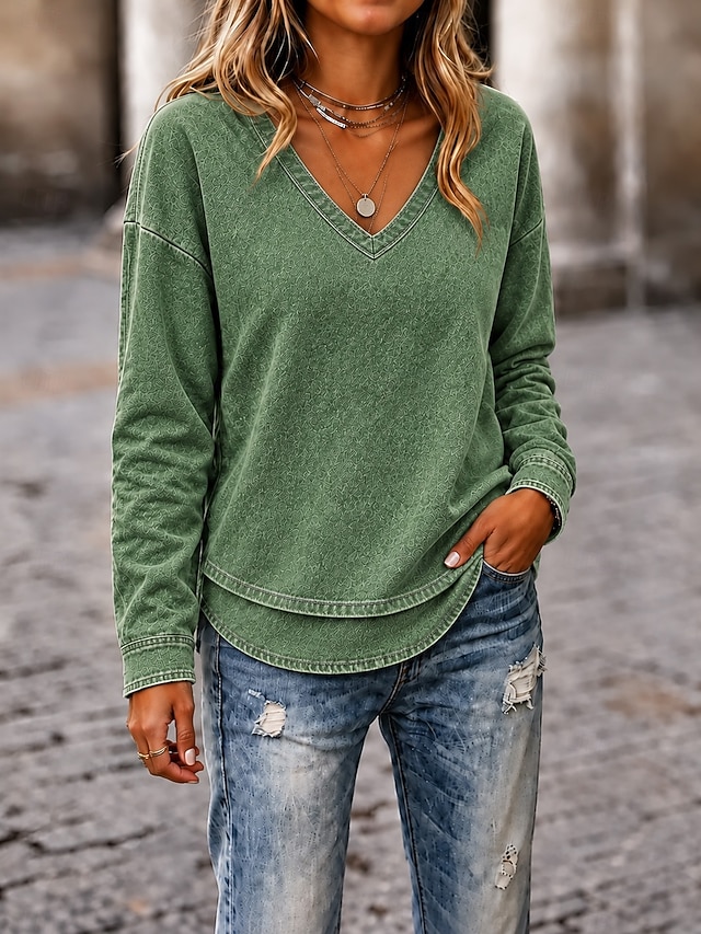 Women's Denim Blouse Denim Shirt T Shirt Fringe Vintage Daily Stylish Long Sleeve V Neck Regular Tops Casual Outdoor Streetwear Green Spring Fall Winter - Green