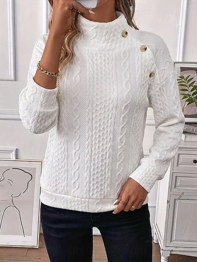 Women's Textured Pullover Sweatshirt Patchwork Buttons Casual Long Sleeve High Neck Regular Tops Home White Black Pink Violet Fall Winter - White