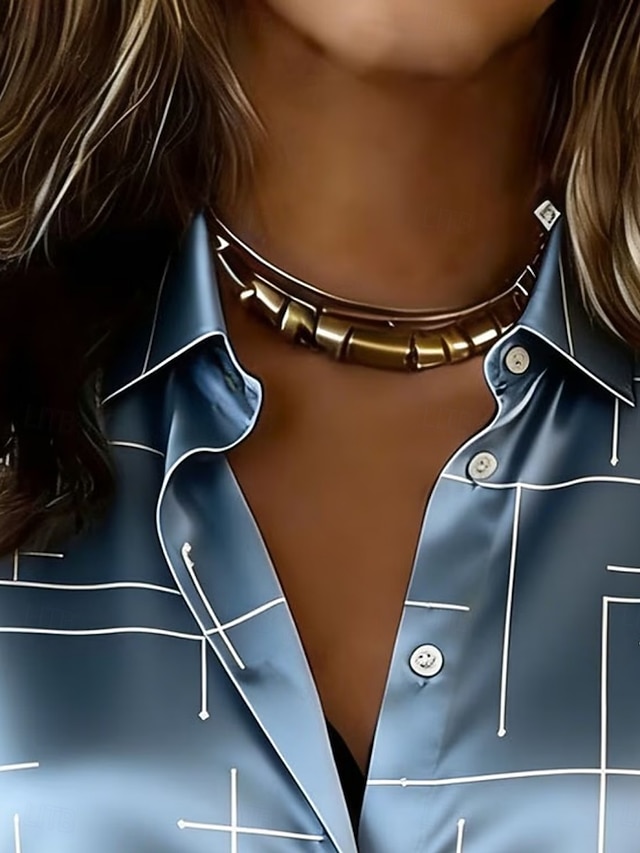 Women's Satin Shirt Satin Top Print Geometric Vacation Fashion Daily Long Sleeve Shirt Collar Regular Tops Daily Holiday Going out Blue Silver Pink Summer Spring Fall - Blue