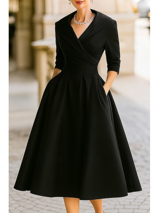 A-Line Tea Length Party Dress Cocktail Dress Wedding Guest Dress Mother of the Bride Dress 3/4 Length Sleeve Shirt Collar Elegant Vintage Formal Satin with Ruching Solid Color - Black