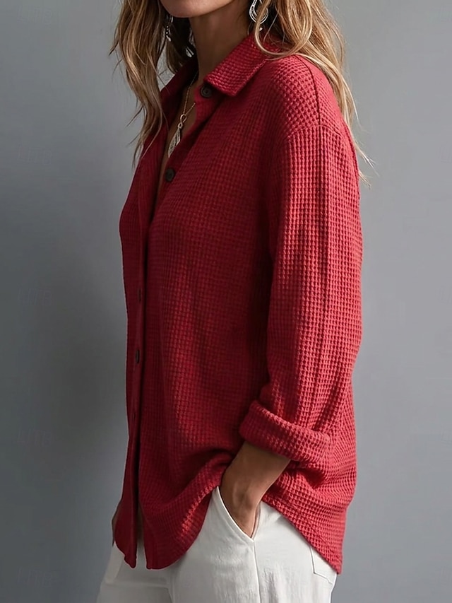 Women's Casual Vintage Waffle Knit Shirt Texture Buttons Long Sleeve Turndown Long Tops Black Yellow Burgundy Summer Fall - Burgundy