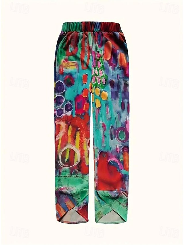 Women's Cotton Linen Pants Vacation Vintage Ethnic Style Full Length High Waist Drawstring Printing Vacation Street Causal Robin's Egg Blue Red Summer Spring Loose Fit - Red