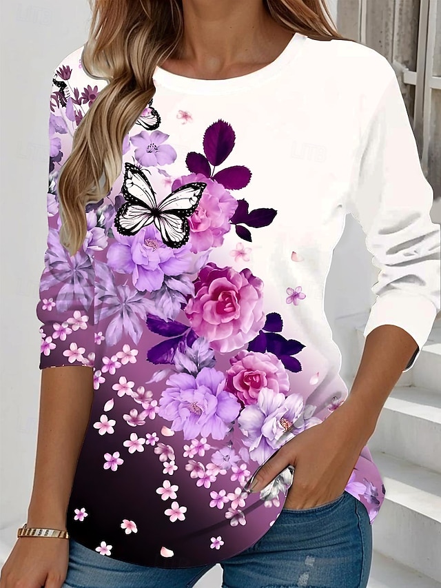 Women's T shirt Long Sleeve Crew Neck Long Sleeve Tunic Floral Graphic Plants Vintage Stylish Classic Round Neck Regular Tops Daily Weekend Print Yellow Light Green Blue Sky Blue Purple Prefall - Purple