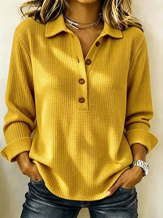 Women's Casual Vintage Waffle Shirt Texture Patchwork Buttons Solid Color Plain Long Sleeve Henry Collar Long Tops White claret sunflower color Black Olive Green Fall Spring, Fall, Winter, Summer - sunflower color