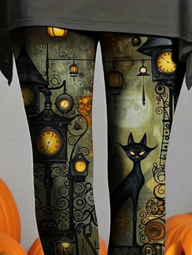 Halloween Women's Leggings Cozy Leggings Vacation Basic Casual Full Length High WaistPantsHalloween Cat Printing Thermal Warm Comfortable Stretchy Vacation Casual Daily Green Fall Winter Slim Fit - Green