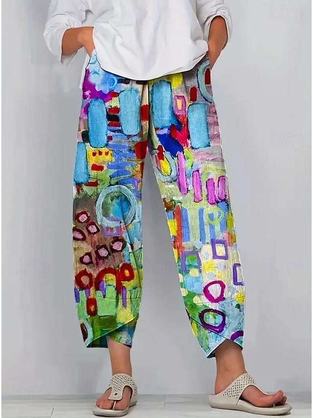 Women's Cotton Linen Pants Vacation Vintage Ethnic Style Full Length High Waist Drawstring Printing Vacation Street Causal Robin's Egg Blue Red Summer Spring Loose Fit - Robin's Egg Blue