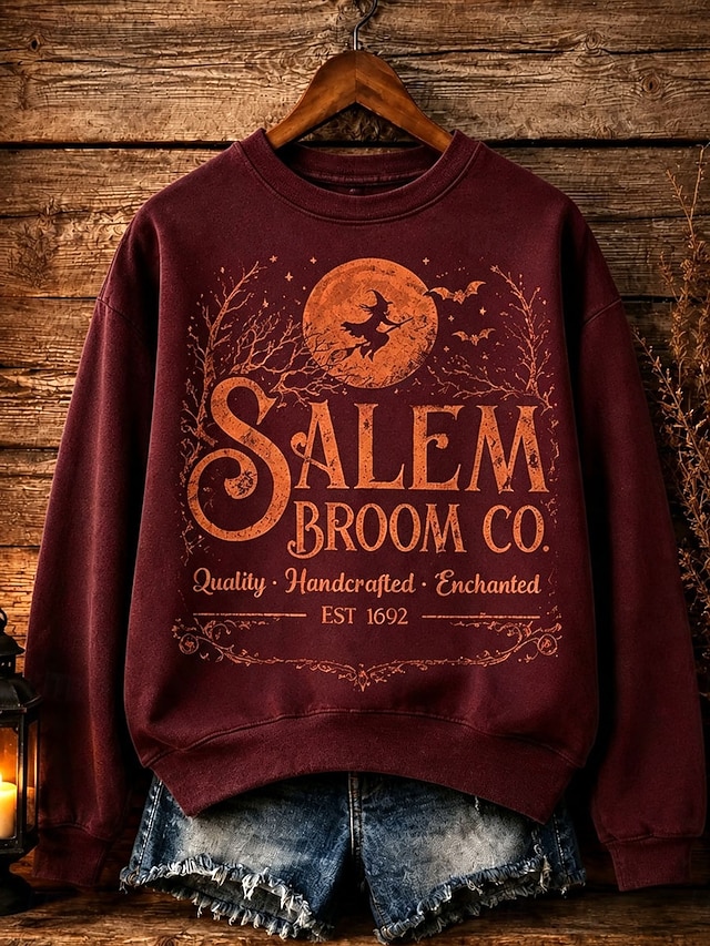 Halloween Women's Pullover Sweatshirt Graphic Letter Witch Casual Long Sleeve Crew Neck Regular Tops Casual Home Work Black Red Green Spring Fall Winter - Red