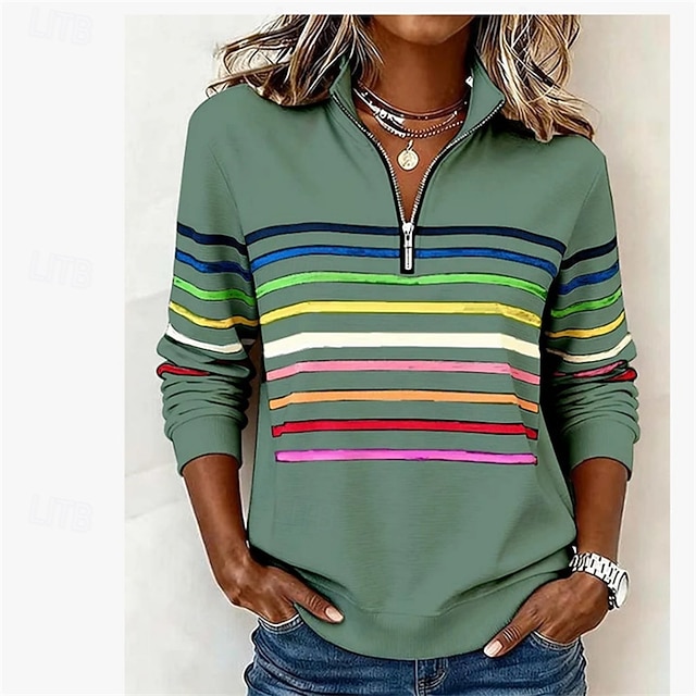 Women's Pullover Sweatshirt Patchwork Print Quarter Zip Plain Striped Elegant Warm Classic Long Sleeve V Neck Regular Tops Casual Home Work Green Dark Blue Grey Fall Winter - Green