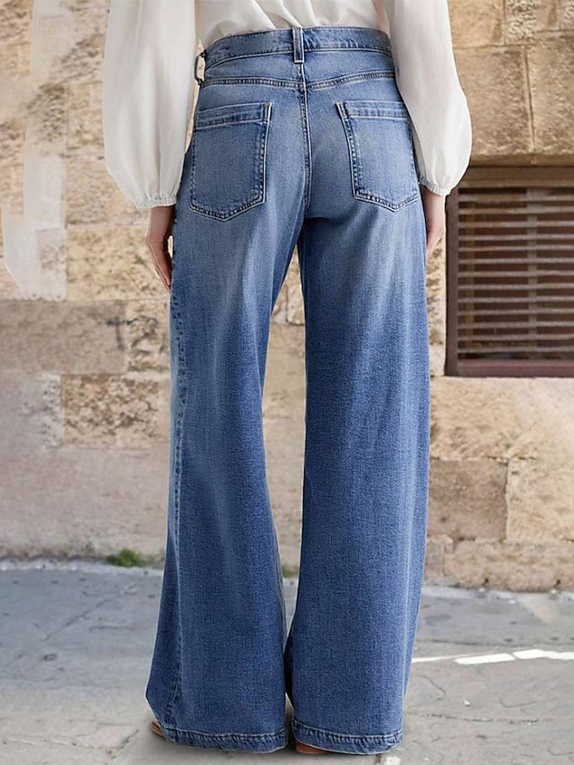 Women's Jeans Denim Wide Leg Fashion Streetwear Casual Full Length Medium Waist Plain Pocket Comfortable Micro-elastic Daily Outdoor Vacation Blue Spring Fall Loose Fit - Blue