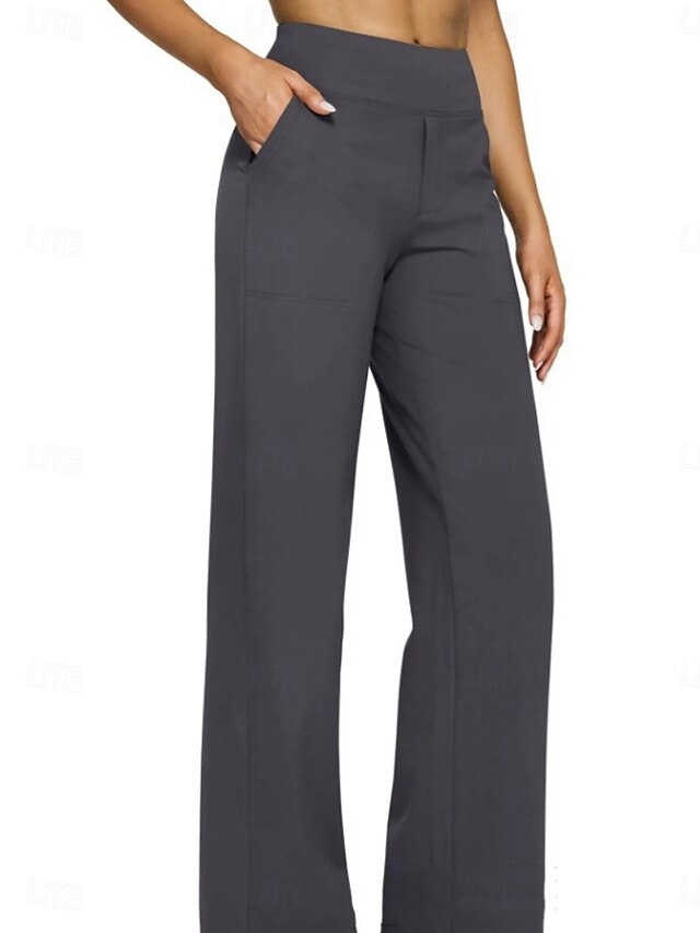 Women's Trousers Casual Pants Straight Fashion Streetwear Basic Full Length High Waist Plain Pocket Elastic Waist Comfort Micro-elastic Daily Vacation Street Blue Black White Almond Spring Fall Loose - Khaki