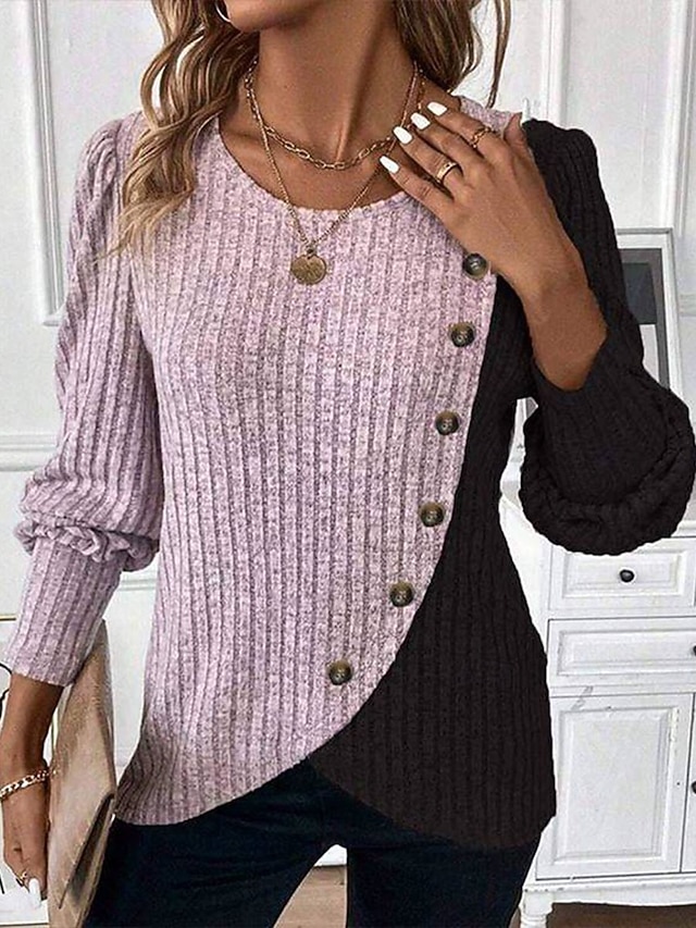 Women's Blouse Knit Shirts Patchwork Buttons Geometric Color Block Tropical Stylish Casual Long Sleeve Crew Neck Regular Tops Daily Pink Sky Blue Gray Spring Fall Winter - Pink