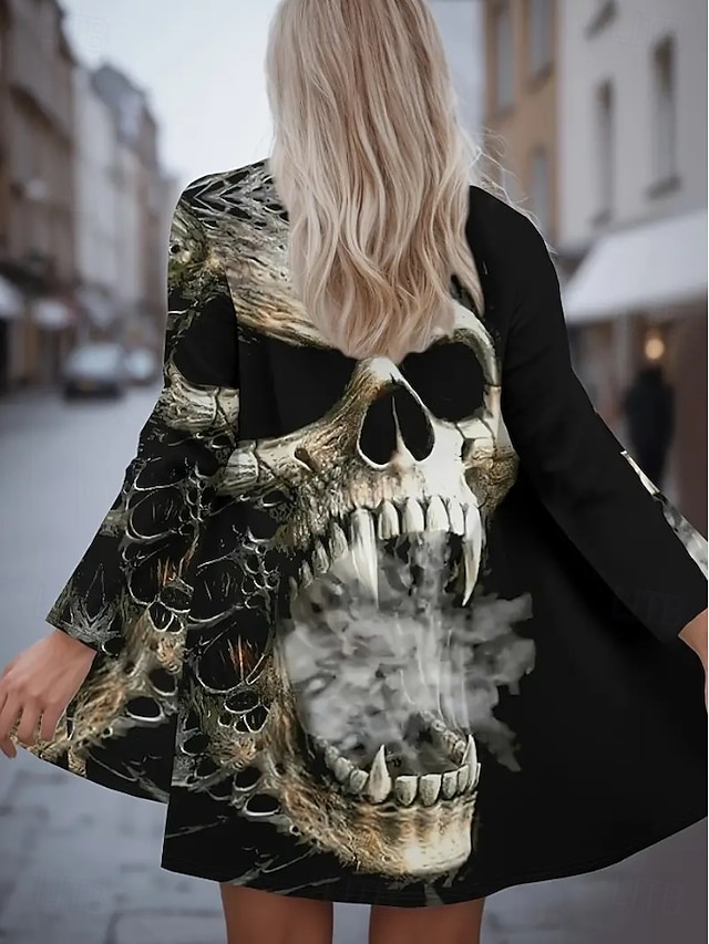 Halloween Women's Giant Skull 3D Bone Cage Print Kimono Cardigan Lightweight Collarless Open Front 3/4 Sleeve Long Cover Up White Gray - Black