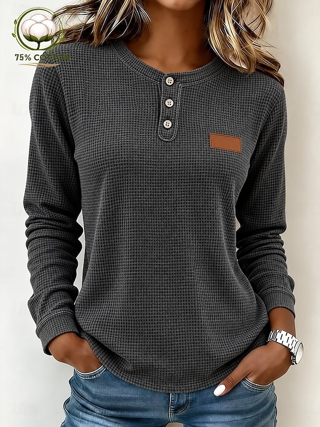 Women's Textured Knit Tops T Shirt Waffle Knit Tops Vintage Fashion Stylish Long Sleeve Henley Regular Tops Casual Going out Vacation Wear Blue Yellow Green Gray Spring Fall Winter - Gray