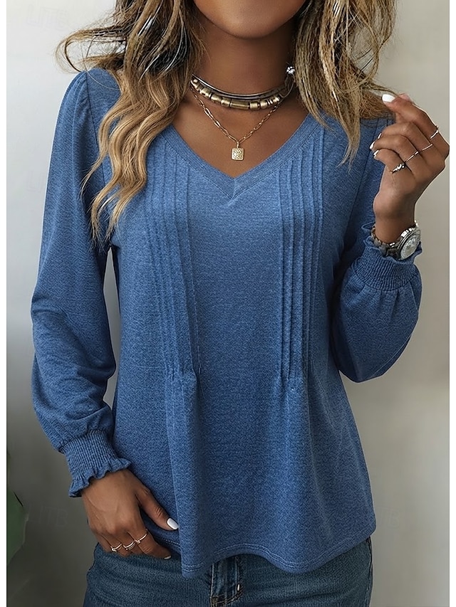 Women's T Shirt Tee Top Basic Classic Trendy Long Sleeve V Neck Regular Tops Casual Daily Blue White Black Pink Purple Spring Fall - Blue