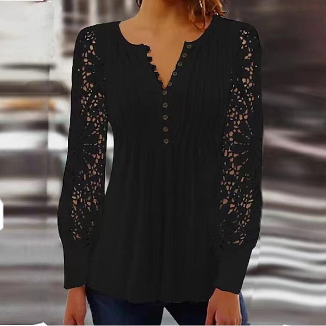 Women's Cotton Lace Shirt Blouse Dressy Tops Elegant Fashion Basic Solid Color Pleated Patchwork Long Sleeve Regular Tops Notched Neck Casual Daily White Red Spring Fall - Red