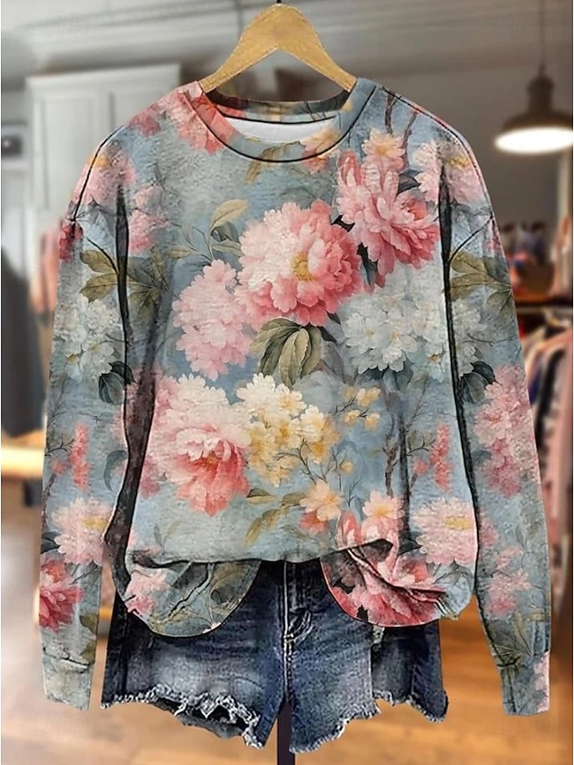 Women's Pullover Sweatshirt Print Floral Graphic Warm Active Vintage Long Sleeve Round Neck Regular Tops Casual Street Dailywear Blue Yellow Pink Red Beige Spring Fall Winter - Blue