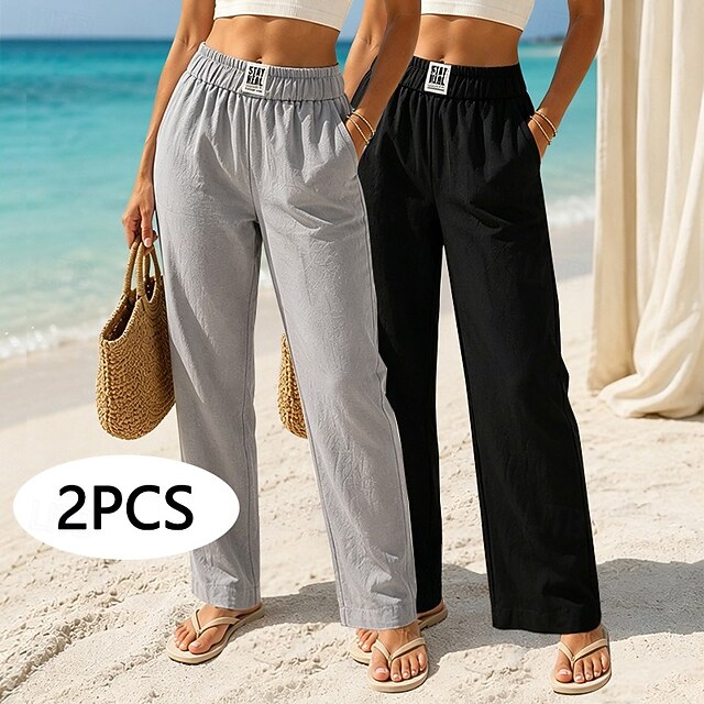 Multi Packs 2pcs Women's Cotton Linen Pants Trousers Casual Pants Summer Pants Vacation Fashion Streetwear Full Length High Waist Plain Pocket Elastic Waist Comfort Breathability Comfortable - Black+Gray