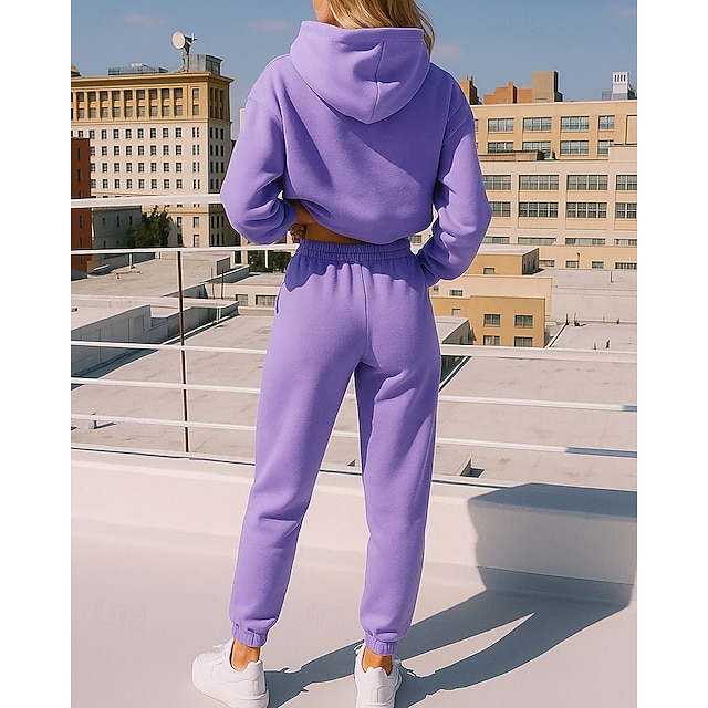 Women's 2 Piece Tracksuit Lounge Hoodie Sweatsuit Sets Solid Colored Clothing Suit Fall Black White Workout Outdoor Travel High Waist Lightweight Fashion Long Sleeve Sport Activewear Micro-elastic - Purple