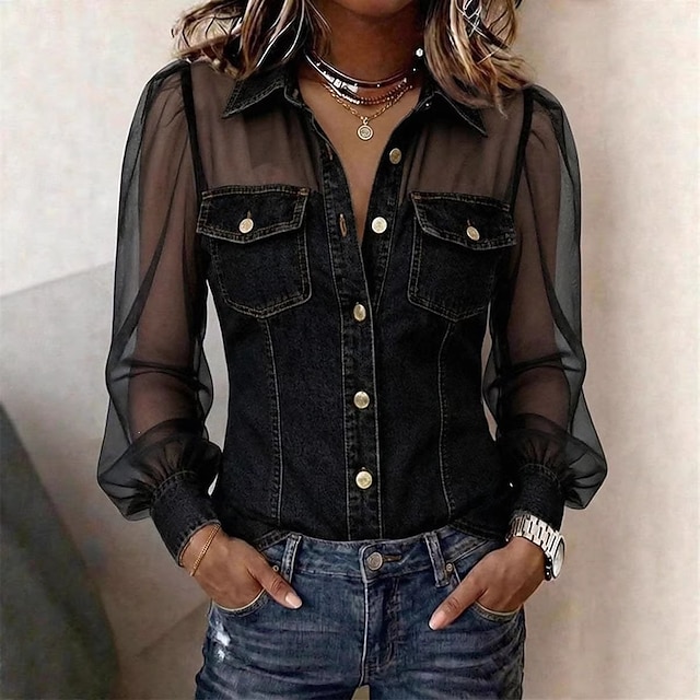 Women's Denim Blouse Denim Shirt Button Down Shirt Patchwork Mesh Buttons Elegant Lantern Sleeve Shirt Collar Casual Black Dark Blue Light Blue Summer Spring Fall - Black