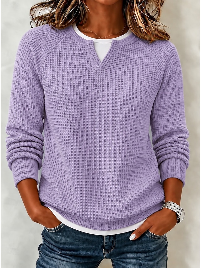 Women's Waffle Polo Shirts Solid Color Bohemia Active Vacation Long Sleeve Crew Neck High Neck Regular Tops Casual Daily Holiday Blue Yellow Red Light Purple Spring Fall Winter - Light Purple
